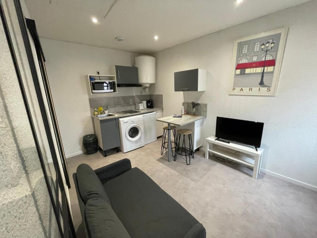 a living room with a couch and a tv and a kitchen at APPARTEMENT HYPER CENTRE numéro 101 in Roanne
