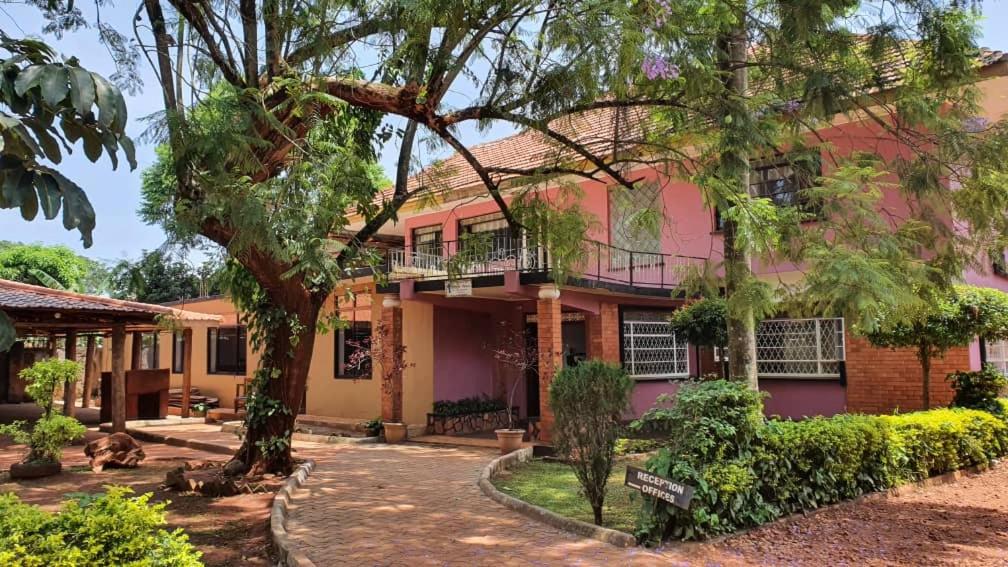 uma casa cor-de-rosa com uma árvore em frente em Arise Africa International Christian Guesthouse em Jinja