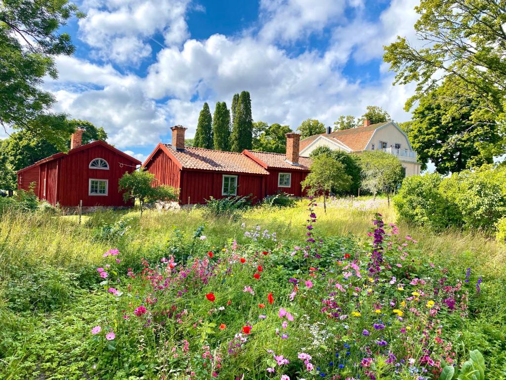 エスキルストゥーナにあるHeritage-listed country cottagesの赤納屋前花畑