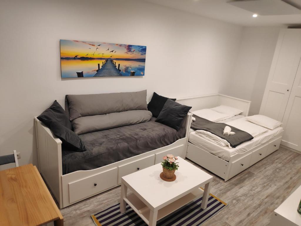 ein Wohnzimmer mit einem Sofa und einem Tisch in der Unterkunft NEU Renoviertes Modernes Studio im Zentrum in Wiener Neustadt