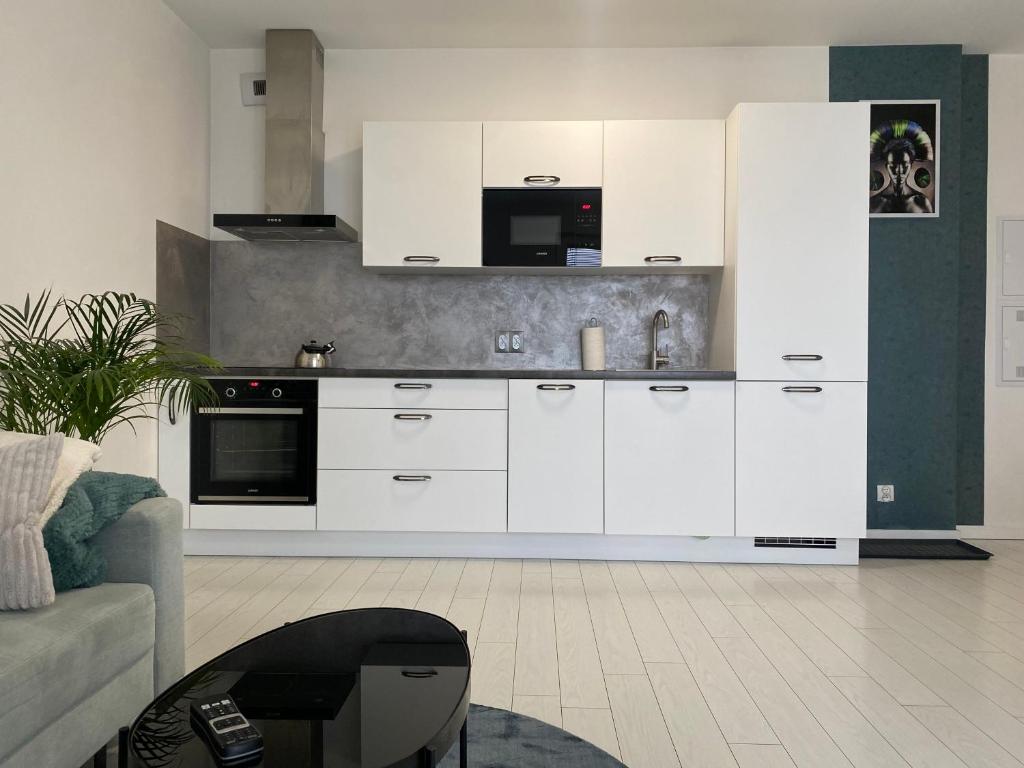 Kuchyňa alebo kuchynka v ubytovaní Ann Apartament 16 piętro z widokiem na morze