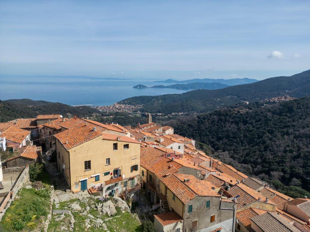 an aerial view of a town with red tile roofs at La Fortezza - Goelba in Marciana