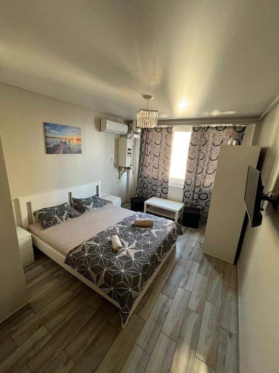 a bedroom with a large bed and a window at Marina Portului Studio in Galaţi