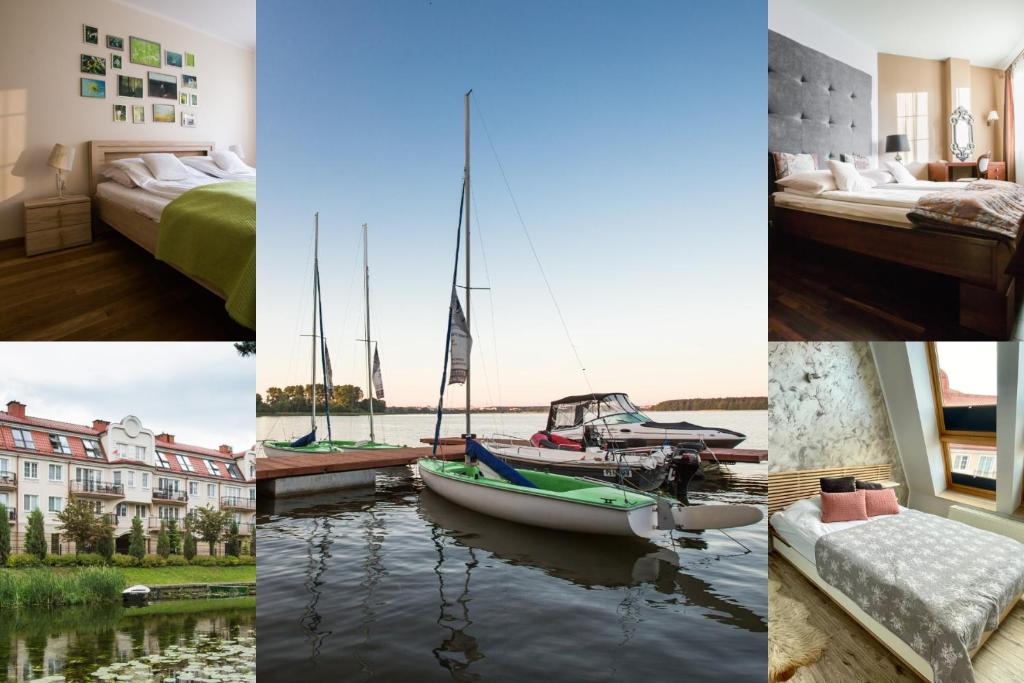 un collage de fotos de una habitación de hotel con barcos en Apartamenty w Villa Park, en Ełk