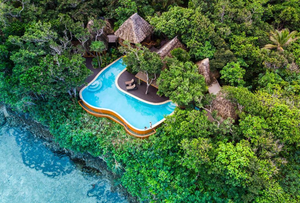 薩武薩武的住宿－Namale All Inclusive Resort & Spa，享有带游泳池的度假村的空中景致