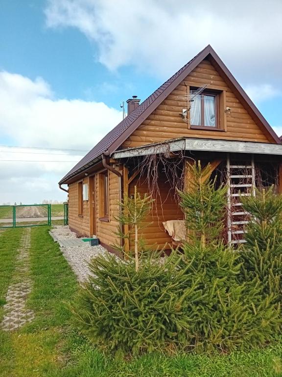 una casa de madera con ventana y algunos arbustos en Wróblówka- domek na wsi, en Parczew