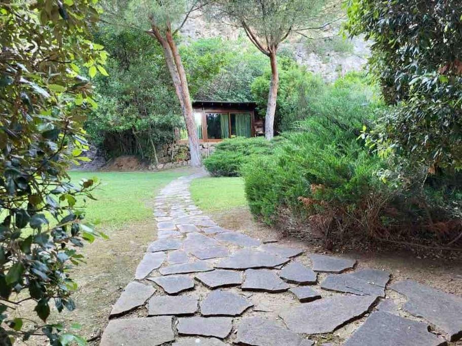 a stone path in a garden with a house in the background at Lo Chalet d'Argento in Porto Ercole