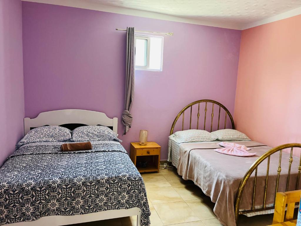 two beds in a room with purple walls at Casa Tito Montrond in Portela