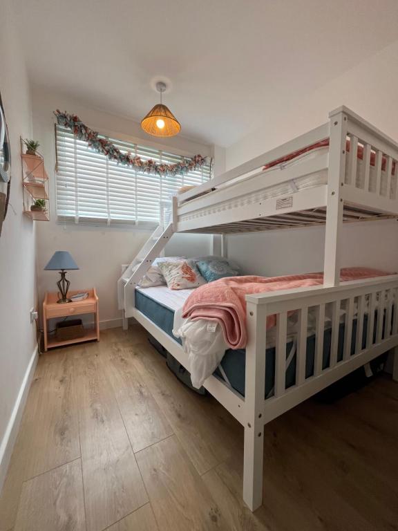 a bedroom with a bunk bed with a ladder at 288, Belle Aire, Hemsby - Beautifully presented two bed chalet, sleeps 5, pet friendly, close to beach! in Hemsby
