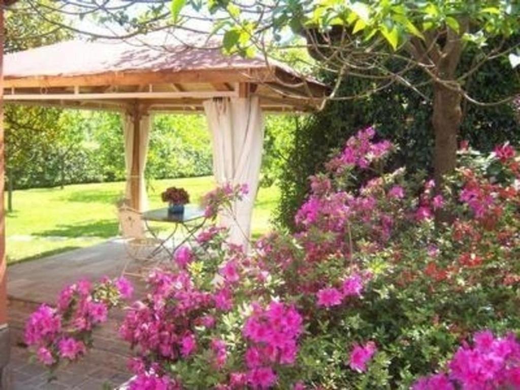 um jardim com um gazebo e flores cor-de-rosa em Ferienhaus in Gallicano mit Garten, Grill und gemeinschaftlichem Pool em Gallicano