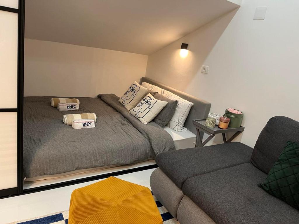 uma sala de estar com uma cama e um sofá em Apartman N&N em Koprivnica