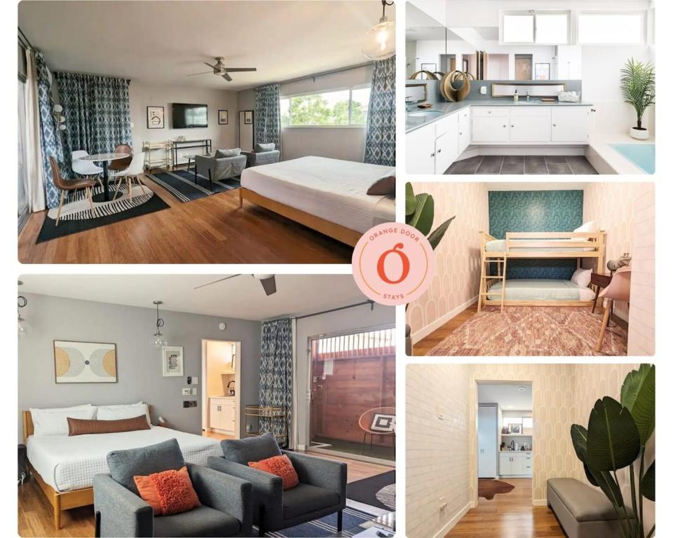 un collage de fotos de un dormitorio y una sala de estar en LA Huge Mid Century Guesthouse Patio LAX Beach, en Los Ángeles