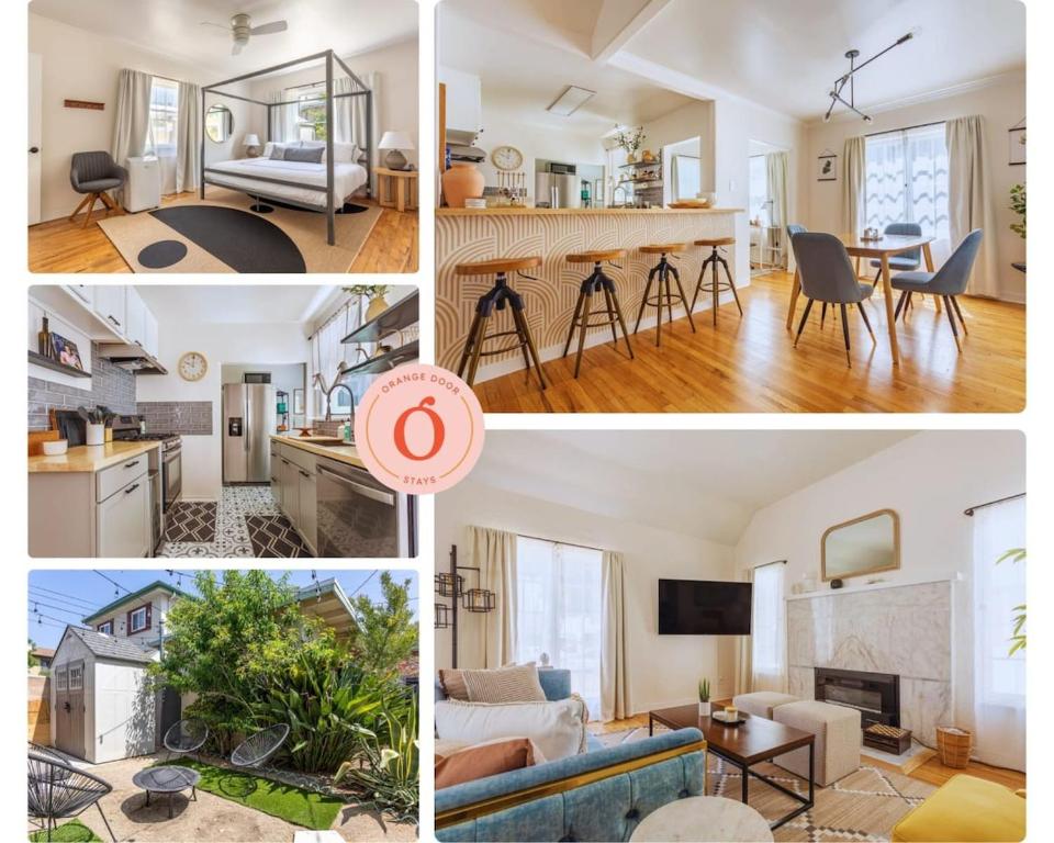 a collage of photos of a living room and a kitchen at Culver City 1920s Bungalow on Shady Cul-du-Sac in Los Angeles