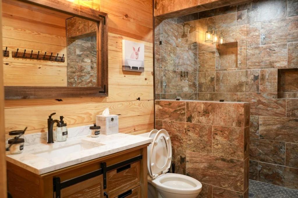 a bathroom with a toilet and a sink and a shower at Lake Bridgeport Modern Hot Tub FirePit Sauna in Runaway Bay