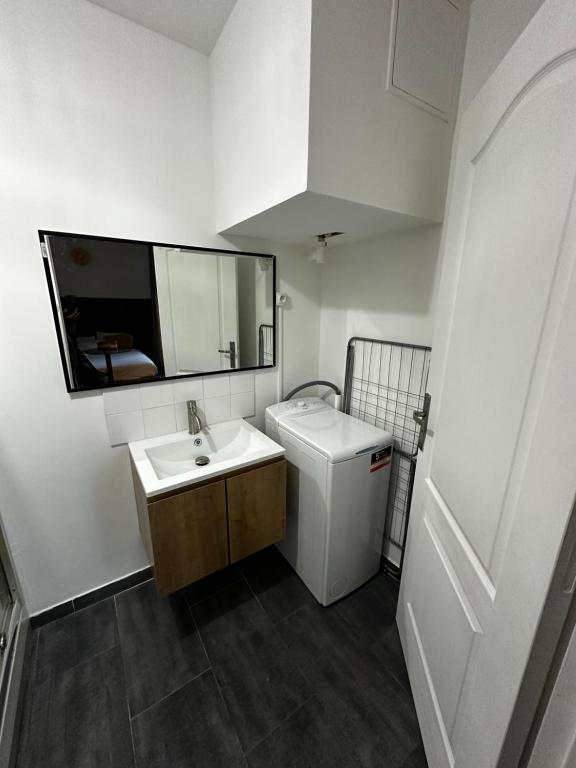 a white bathroom with a sink and a mirror at BtoBed - Studios Paris Le Bourget in Le Bourget