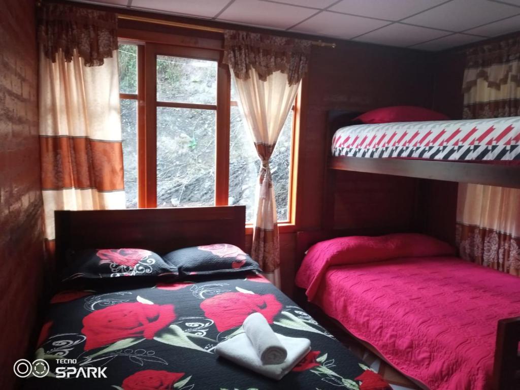 1 Schlafzimmer mit 2 Etagenbetten und einem Fenster in der Unterkunft Playita Salomon in Baños