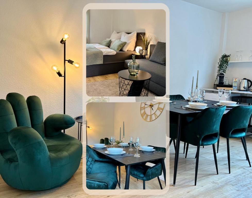een woonkamer en een eetkamer met een groene stoel bij Design Apartment mit Balkon - Küche - Netflix in Essen