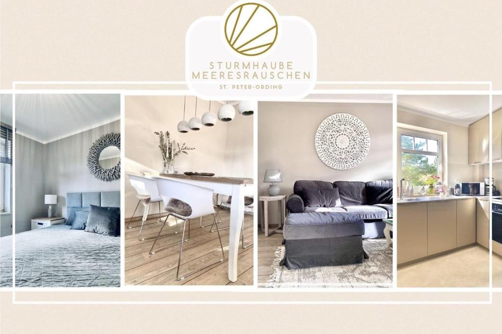 uma colagem de fotos de uma cozinha e uma sala de estar em Haus-Sturmhaube-Meeresrauschen-Whg-04 em Sankt Peter-Ording