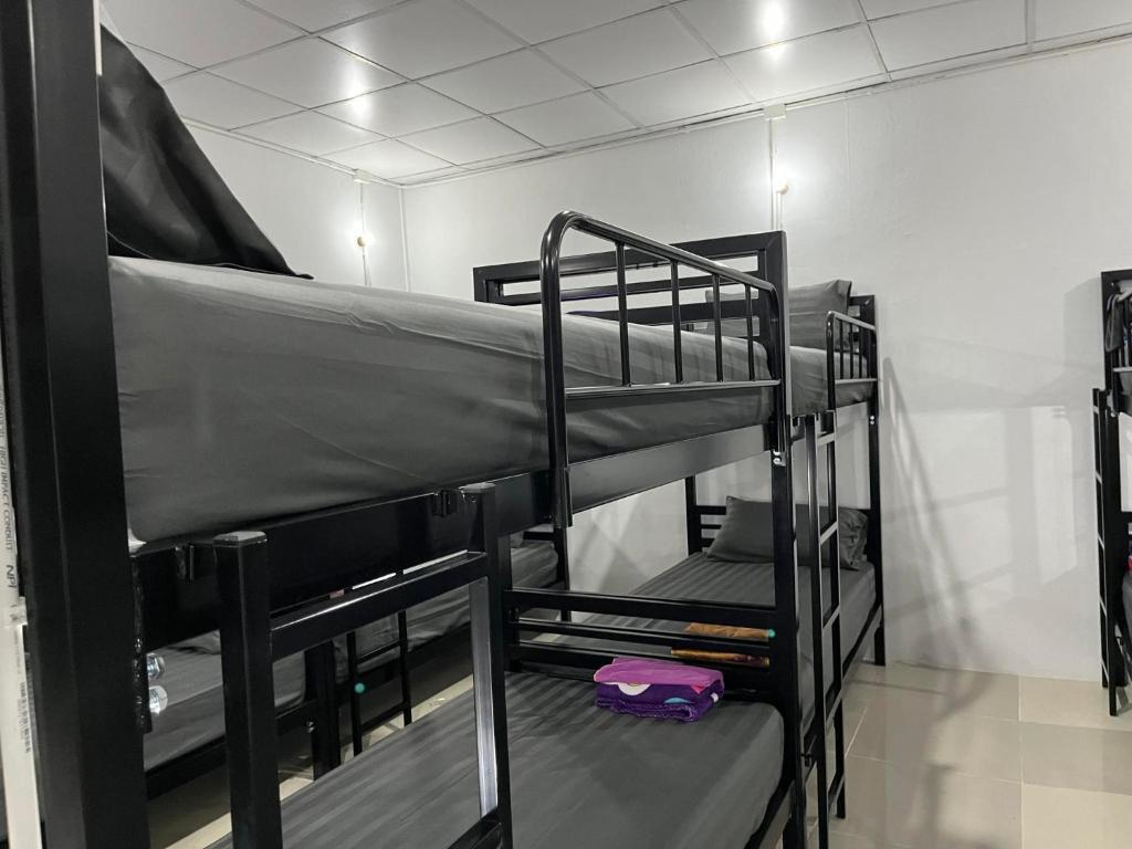 twee stapelbedden in een kamer met een paarse koffer bij Funny Moon Hostel in Haad Rin