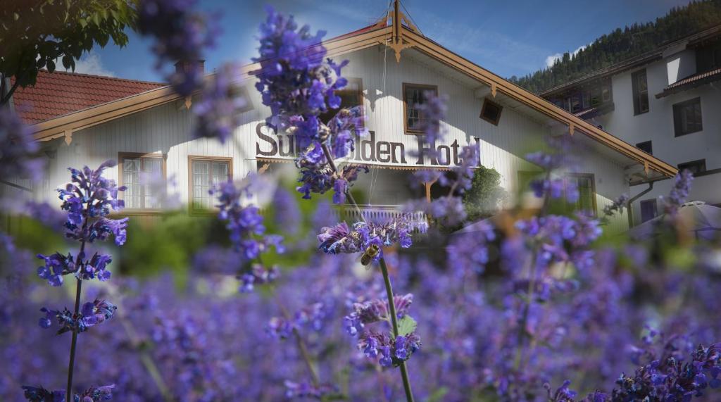 kupę fioletowych kwiatów przed budynkiem w obiekcie Sundvolden Hotel w mieście Sundvollen