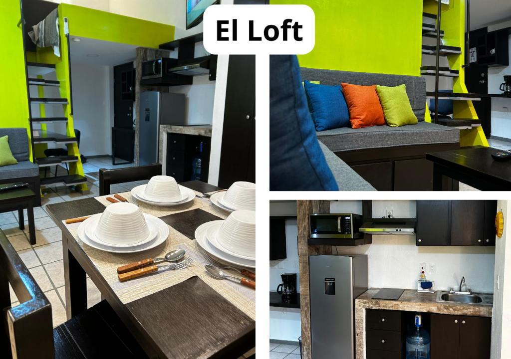 un collage de fotos de una cocina y un comedor en Departamento acogedor, Diseño optimizado, en Tuxtla Gutiérrez