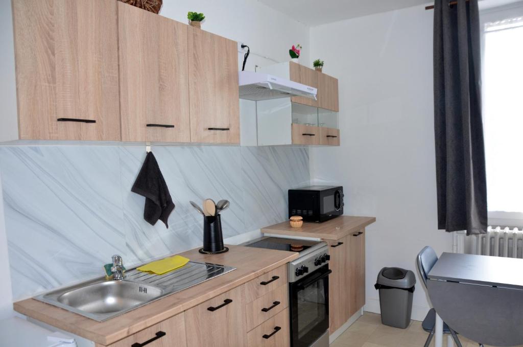una pequeña cocina con fregadero y microondas en AU BORD DE L'EAU studio 1, en Chambon-sur-Voueize