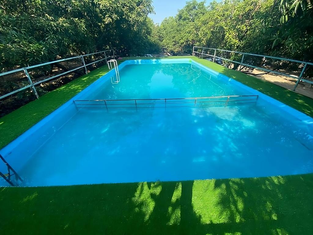 a large blue swimming pool in the middle of a forest at Renewed Jadeshwar Farm Resort in Sasan Gir