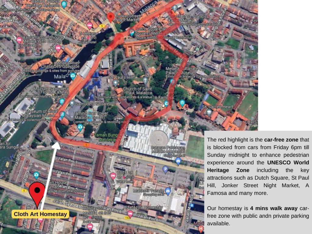 a map of a city with a red arrow at "Cloth Art Homestay" walk to Pahlawan & Jonker by Shine Stay in Melaka