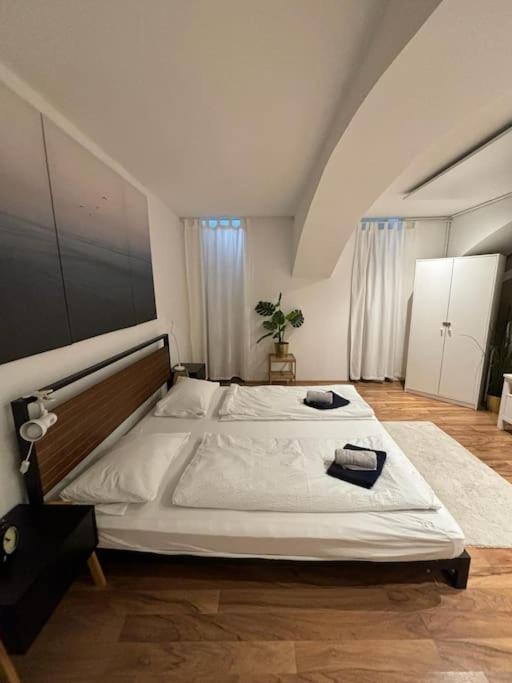 ein Schlafzimmer mit einem großen Bett in einem Zimmer in der Unterkunft Trendy Souterrain Loft - Near City Center in Wien