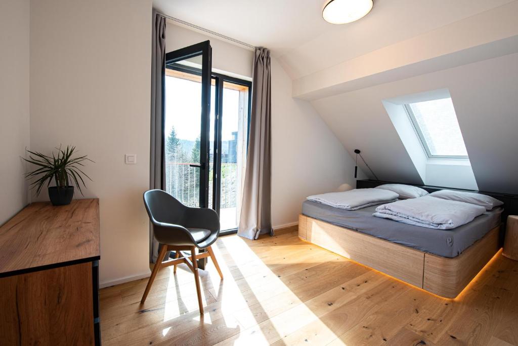 1 dormitorio con cama, escritorio y silla en Ski&Bike horský apartmán 502, en Janske Lazne