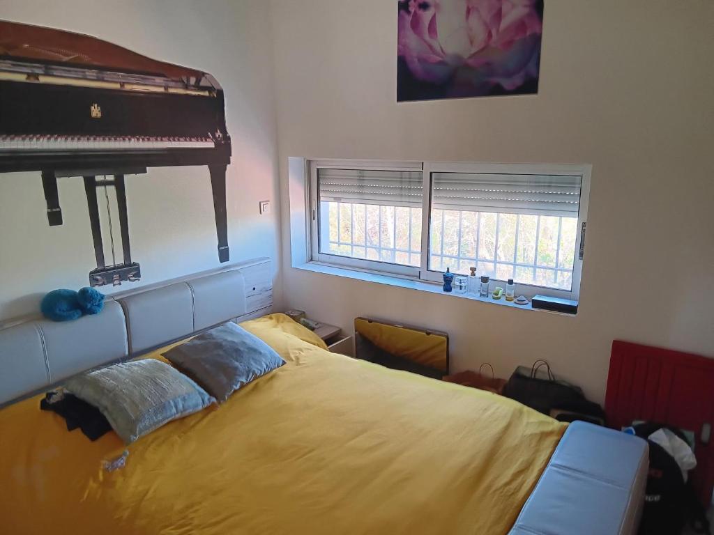 une chambre avec un lit et deux fenêtres dans l'établissement Bel appartement dans le Vaucluse, à Sorgues