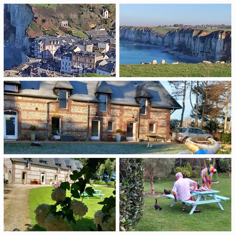 un collage de photos d'une maison et d'un homme assis sur un banc dans l'établissement Maison de vacances and B&B clos des hogues entre Etretat et Fécamp, à Saint-Léonard