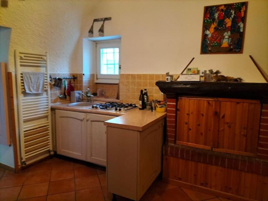 una cucina con lavandino e piano cottura forno superiore di Tranquillità in corte con giardino vicino a Brescia a Concesio