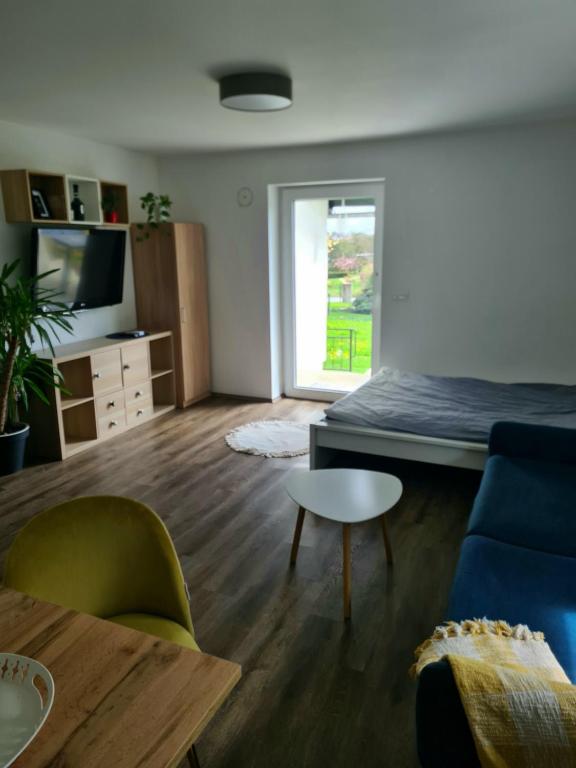 Pokój z łóżkiem, kanapą i stołem w obiekcie Rooms and apartments Vili w Ptuju