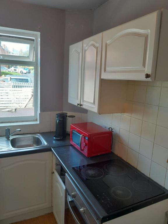 a small kitchen with a red toaster on the counter at Bobi in Sheffield