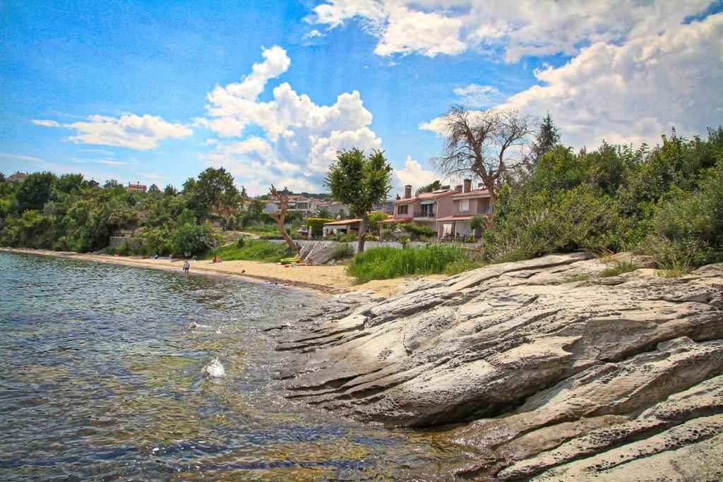 a beach with houses on the shore of a body of water at Aquamarine Apartments in Paleo Tsifliki