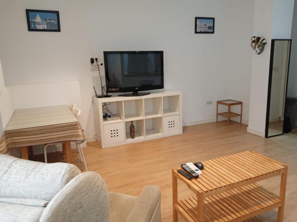 a living room with a couch and a tv at Apartamento El Cachorro de Triana in Seville
