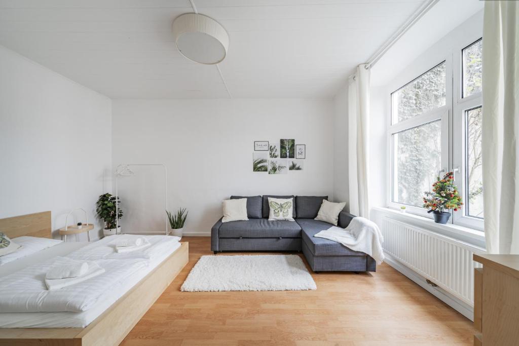 uma sala de estar branca com um sofá e uma janela em Cosy Central Studio em Viena