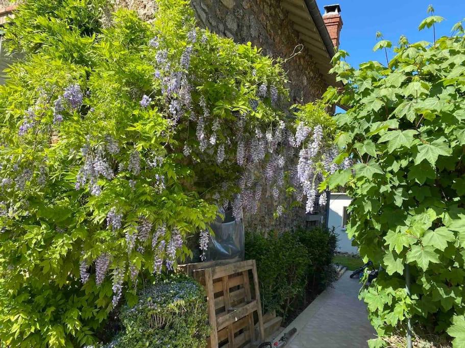 une couronne de fleurs violettes suspendue à un mur dans l'établissement La maisonnette, à Franconville