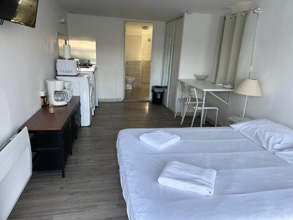 una camera d'albergo con due letti e una cucina di Tours, Touraine et Chateaux de la Loire a Fondettes