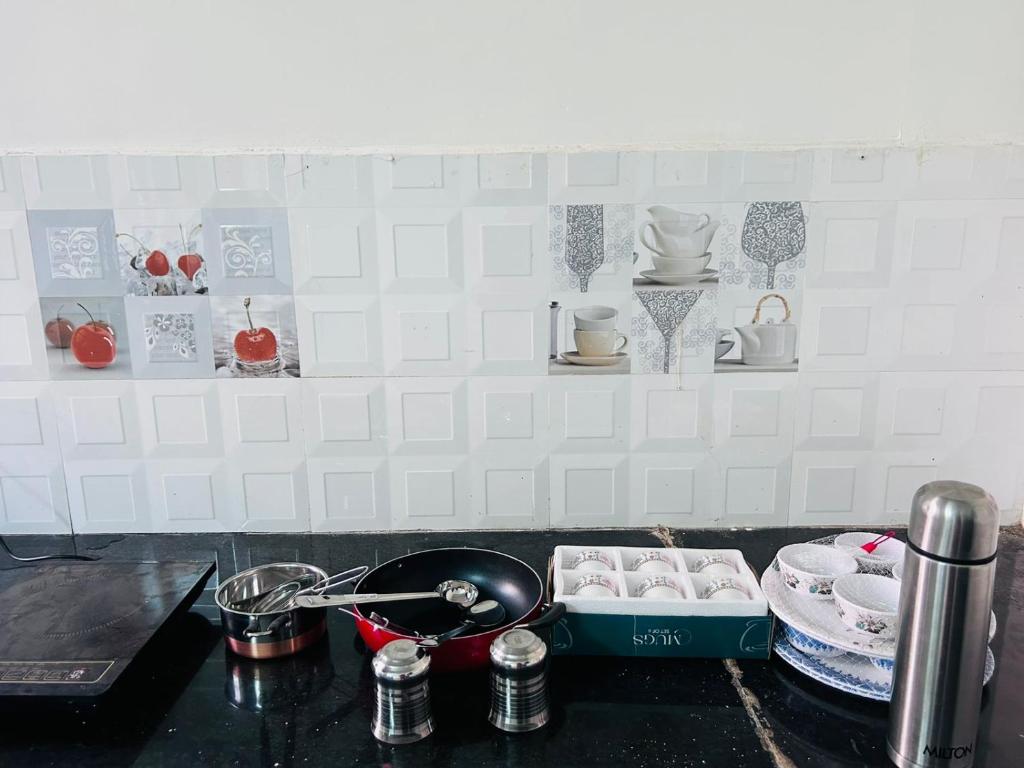 um balcão de cozinha com um lavatório com pratos e uma panela em AnubhavGruha Holiday Home Nagpur em Nagpur