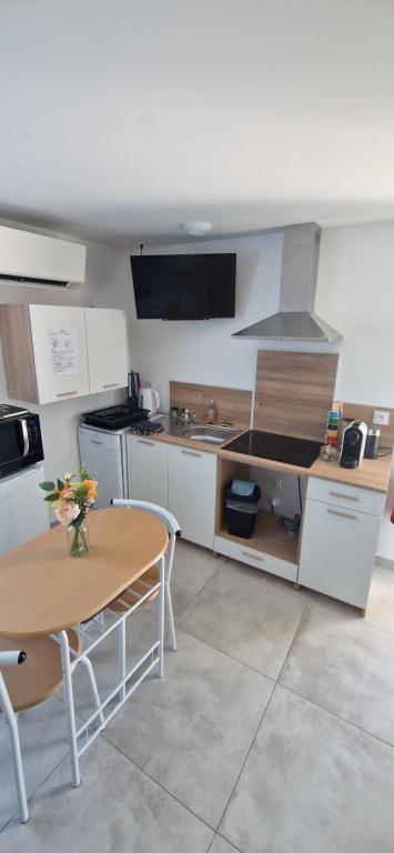 a kitchen with a table and a stove and a sink at Studio plein Sud au calme in Montauban