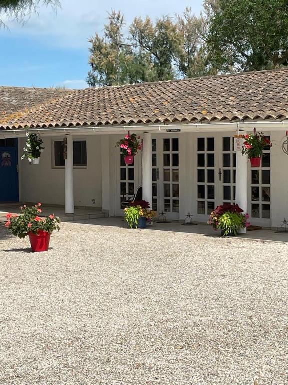 a white house with flowers in front of it at Mas de la pie in Saintes-Maries-de-la-Mer