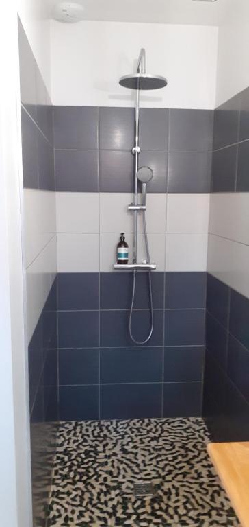 y baño con ducha y azulejos azules y blancos. en Dépendance, en Lège-Cap-Ferret