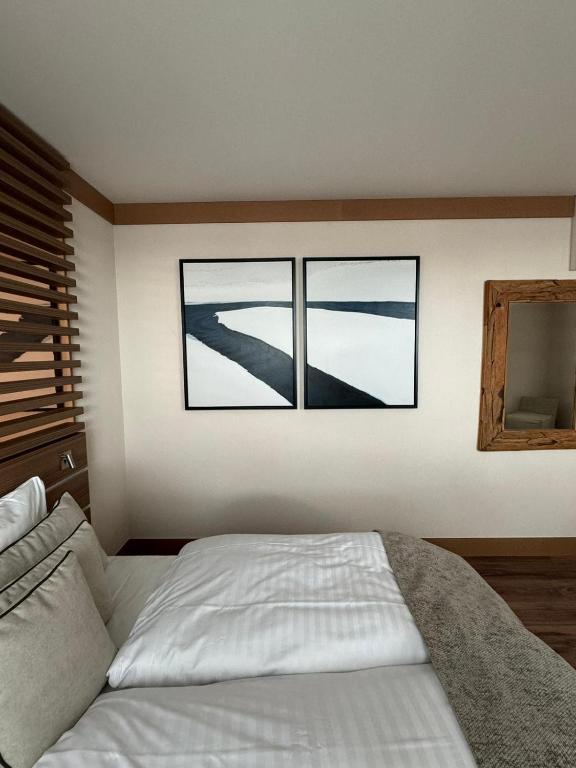 Postel nebo postele na pokoji v ubytování Hôtel Rallye & Entrées aux Bains de la Gruyère