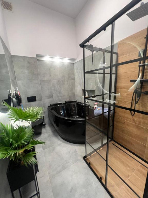 a bathroom with a tub and a black bathtub at LOFT w centrum z jacuzzi in Wrocław