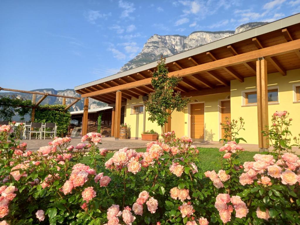 um edifício amarelo com rosas cor-de-rosa à frente. em Agriturismo L' Isola di Arturo em Trento