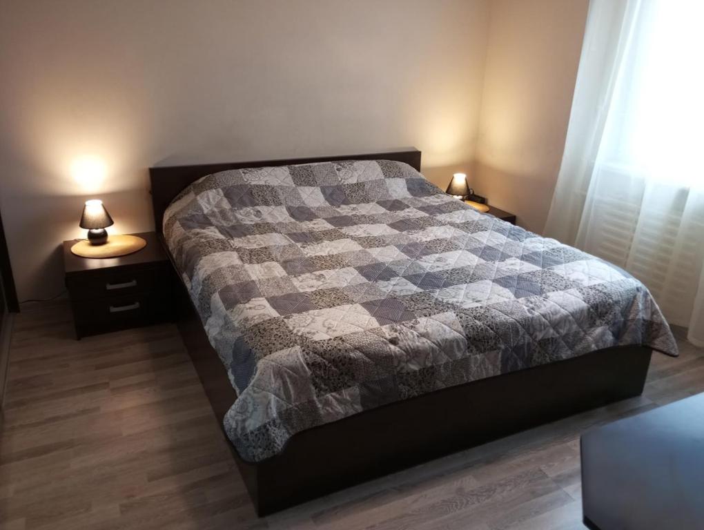 ein Schlafzimmer mit einem Bett mit einer karierten Decke in der Unterkunft Vaidaugu Cosy Apartment, Klaipeda in Klaipėda