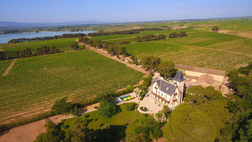 - une vue aérienne sur un grand domaine avec des vignobles dans l'établissement Le Marquisat gîte de charme en Minervois, à Olonzac