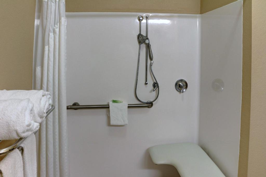 a bathroom with a shower and a toilet at Holiday Inn Express Hotel & Suites Texarkana East by IHG in Texarkana